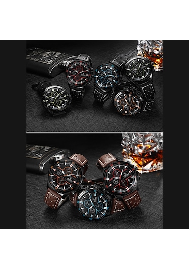 Klasik Erkek Kuvars Saat Senors Analog Kronograf Takvimli Kol Saati 3atm Su Geçirmez Çok Fonksiyonlu Spor Saat Deri Kayış Kahverengi Kayış Ve Mavi Kadran Diğer