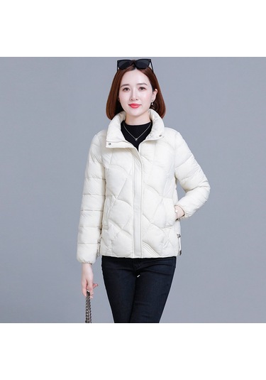 2025 Yeni Kadın Pamuklu Ceket, Kısa Model, Kore Stili, Bol Kesim, Sıcak, Dik Yaka, Küçük Beden Beyaz - Haki