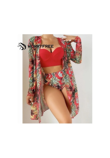 Kadın Yaz Baskılı Bikini Mayo Üç Parçalı Set - Kırmızı - Wr409325