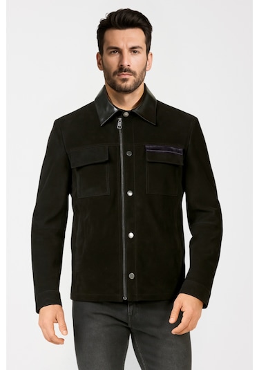Derije Oscar Hakiki Süet Deri Erkek Siyah Deri Detaylı Ceket-mont Siyah