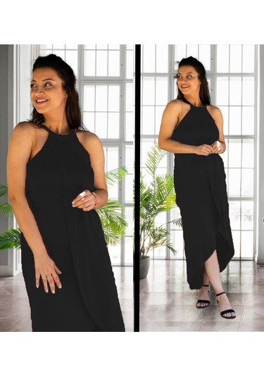 Kadın Omuzlardan Açık Boyundan Geçmeli Asimetrik Kesim Detaylı Viskon Elbise Siyah