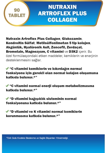 Nutraxin Artroflex Plus Collagen Tip 1 2 3 5 10 90 Tbl Magnezyum Bromelain Yumurta Kabuğu Glukozamin Msm