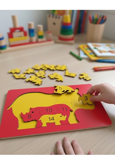Eğitici Ahşap Gergedan Ailesi Puzzle - 15 Parça Sayı Öğretici - 26x15 Cm Mdf