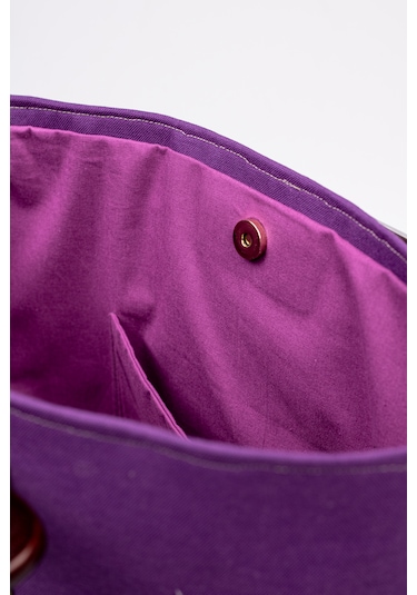 Fabric Craft Bag El Çantası Duck Kumaş Ahşap Saplı Mor Mor