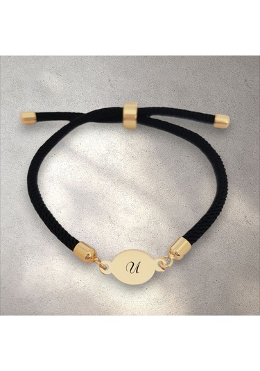 U Harfine Özel Oval Motifli İpek Örgülü 14 Ayar Altın Plakalı Hediye Bileklik-320harf-siyah Altın