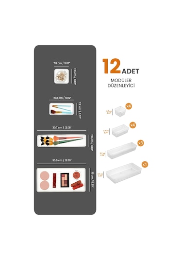 Meleni Home Dolap İçi Takı Makyaj Organizer Çekmece İçi Düzenleyici Set 12'li Şeffaf