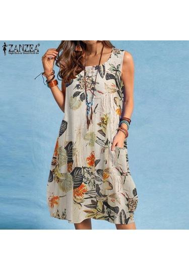 Lacivert Zanzea Kadın Günlük Çiçek Baskı Yaz O-boyun Kolsuz Elbise