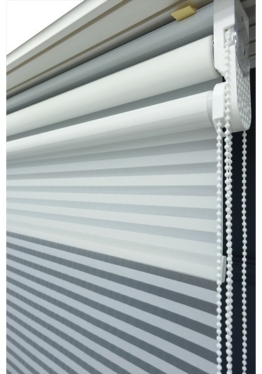 Çift Mekanizmalı Jaluzi Görünümlü Tül+stor Güneşlik Perde Çiftli Sistem - 2 Perde Tek Ürün Beyaz-düz