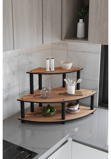 Dekoratif Oval Köşe 3 Katlı Tezgah Üstü Raf 50 Cm X 50 Cm Madran Ceviz Ceviz