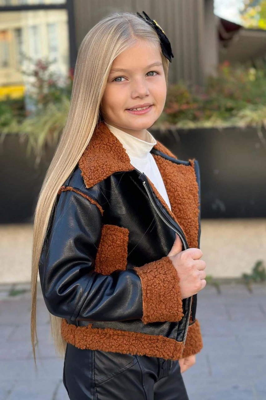 Riccotarz Kız Çocuk Kolları Ve Yakası Peluş Detaylı Siyah Ceket Dik Yaka Kazak Deri Alt Üst Takım Siyah