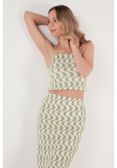 Lela Slim Fit Ip Askılı Yırtmaçlı Bayan Takım 5865278 Yeşil-Beyaz