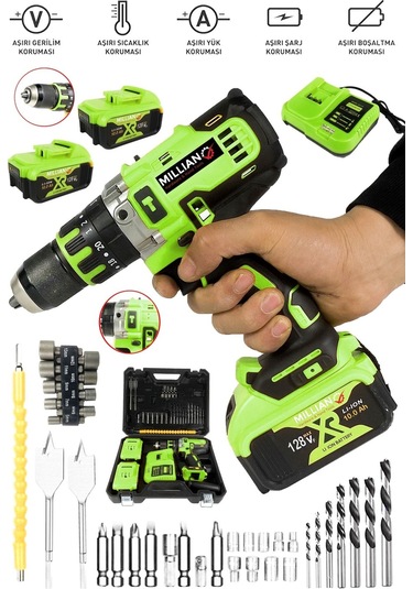 128 V Bakır Sargı Darbeli Şarjlı Bataryalı Matkap Çift Akülü