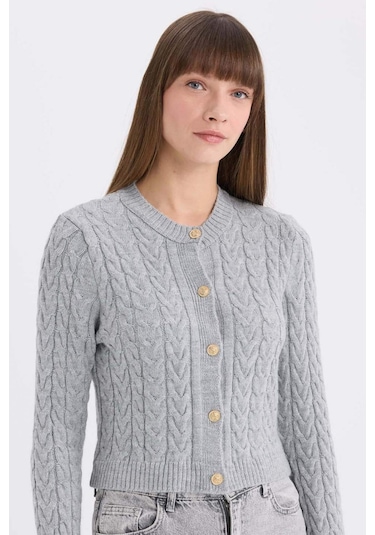 DeFacto Regular Fit Bisiklet Yaka Saç Örgülü Düğmeli Hırka C9044AX25SPGR400 Gri