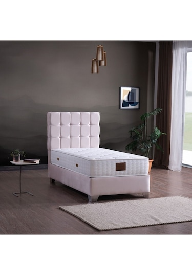 Lucas Perfect Tek Kişilik Baza + Başlık + Yatak Set 3 Lü Set Krem