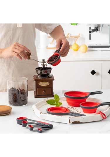 Yeşil Silikon Ölçüm Kabı Ve Kaşık Seti Katlanabilir Pişirme Ölçüm Aracı Kaşık Pişirme İçin Mutfak El Sanatları Yapımı Kahve Unu Bal 4pcs