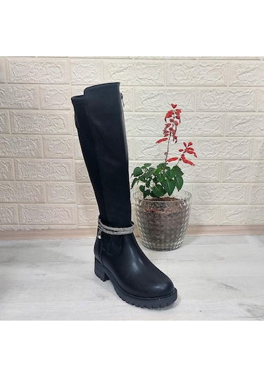 M.p 2753 Siyah Taşlı Ligralı Fermuarlı 45cm Bayan Çizme 001
