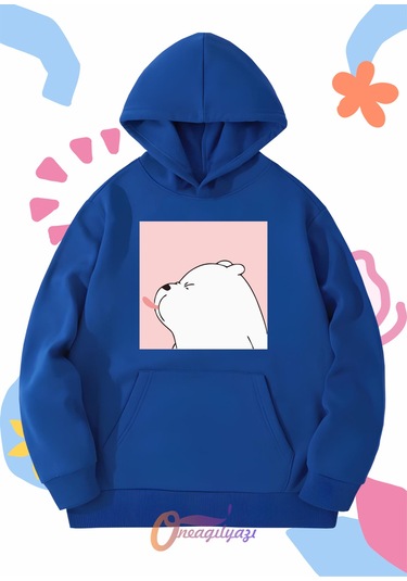 Çocuk Unisex Dil Çıkaran Köpek Baskılı Oversize Kapüşönlü Sweatshirt Saks Mavisi