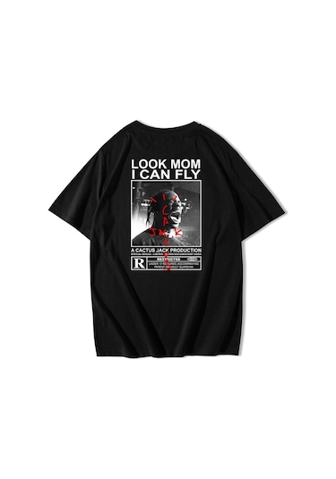 Brz Collection Unisex Oversize Arka Baskılı Look Mom I Can Fly T-shirt-siyah Siyah