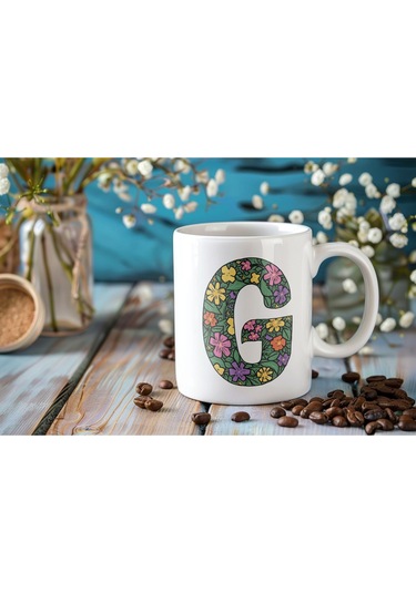 G Baş Harf Çiçek Desenleri İle Natural Tarz Kupa Bardak - Kişiye Özel Çiçekli Kahve Çay Bardak - Beyaz