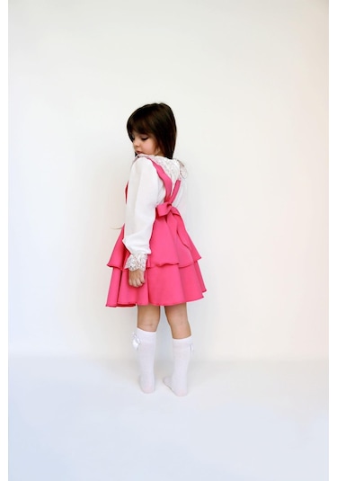 Kız Çocuk Helen Pembe Askılı Kat Kat Bağlama Jile Elbise Dantel Detay Ekru Uzun Kollu Bluz Takım