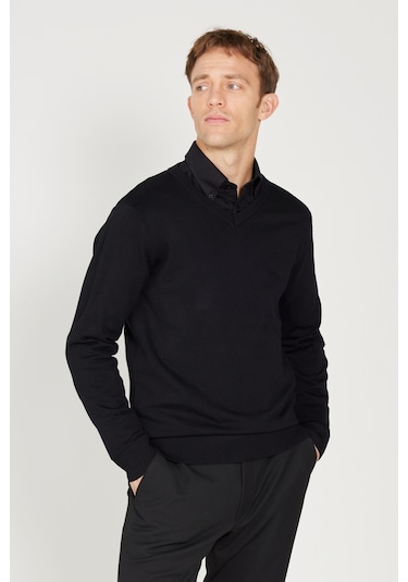 AC&Co / Altınyıldız Classics  Erkek Sıyah Standart Fit Normal Kesim V Yaka Triko Kazak Siyah