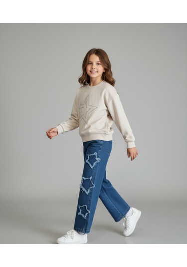 Badili Taş İşlemeli Yıldız Detaylı Kız Çocuk Takım Beyaz