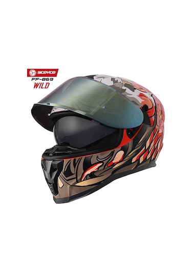 Scoyco FF-869 Wild Sarı Camlı Güneş Vizörlü Kapalı Kask Beyaz - Gri - Turuncu