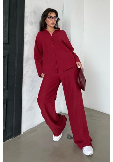 Madmext Kırmızı Keten Kadın Gömlek Pantolon İkili Takım Mg2356 Kırmızı