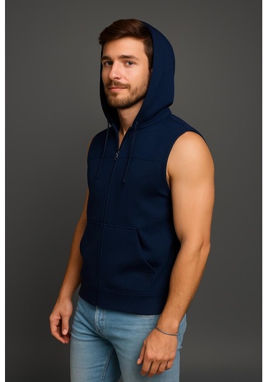 Axxel Erkek Lacivert Fermuarlı Kapüşonlu Kanguru Cepli Kolsuz Yelek-y1142 Lacivert