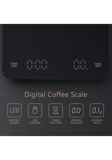 Didadodo Dijital Kahve Terazisi - Zamanlayıcı, Yüksek Hassasiyetli, Usb Şarjlı Siyah Pratik Tasarım Siyah