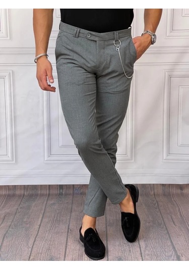 Modefendi Slim Fit Kalıp Düz Kumaş Pantolon Füme