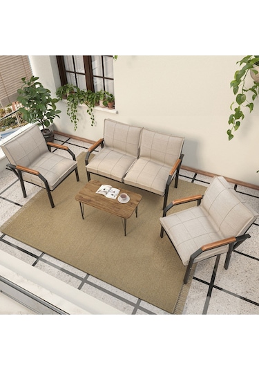 Mygusi Hayal Balkon, Bahçe, Cafe - Metal Kanepe Koltuk Takımı - 2+1+1 Sehaplı Krem