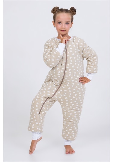 Kız Erkek Çocuk Kalın Elyaf Dolgulu Premium Kalite 2.5 Tog Desenli Uyku Tulumu Koyu Bej
