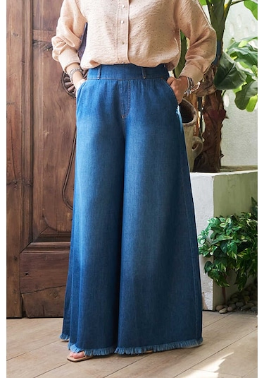 1153-denim Püsküllü Pantolon Etek Koyu Mavi Koyu Mavi
