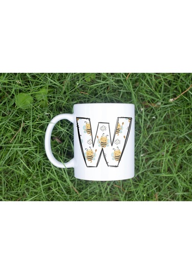 W Harfi Arı Desenli Kupa - Sevimli Hayvan Temalı Kişiye Özel Kahve Kupası - Şans Kupası Beyaz