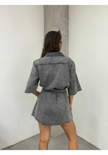 Shevega Kadın Füme Kuşakli Tek Cep Kısa Kot Elbise Füme