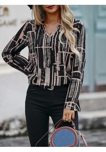 Kadın Uzun Kollu V Yakalı Desenli Dalgıç Bluz Siyah