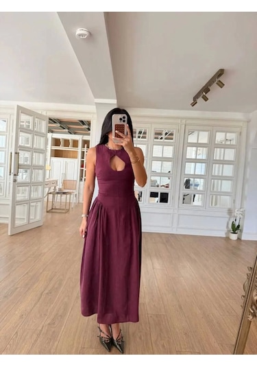 Moda Assema Kolsuz Uzun Kabardin Elbise - Bordo Çok Renkli