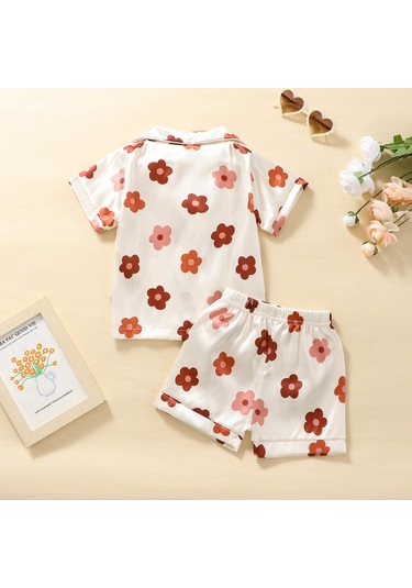 Çocuk Kız Yaz Giysileri Kıyafetler Çiçek Baskı Turn-aşağı Yaka Kısa Kollu Üstler Ve Elastik Bel Şort 2 Adet Takım Elbise Kayısı
