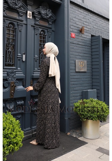 Kadın Siyah %100 Viskon Pamuklu Belden Bağlamalı Çiçek Desen Kat Kat Elbise V9539 Siyah