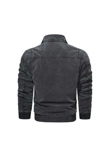 Saf Pamuklu Yıkanmış Vintage Gündelik Bol Erkek Dik Yaka Ceket Siyah