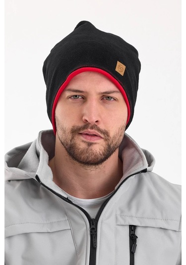 Erkek Siyah Polar Dış, Kahve Pamuklu Iç Kısım, Çift Renk Çift Katmanlı Katlanabilir Yumuşak Bere - Standart / Siyah-kırmızı Siyah-kırmızı