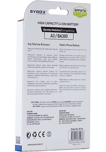 Syrox Samsung Uyumlu Galaxy A3 Ba300 Batarya 1900 Mah B158