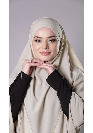 Ekru Pratik Hazır Geçmeli Tesettür Eşarp Medine İpeği Bağcıklı Çift Katlı Sufle Hijab 2302 27