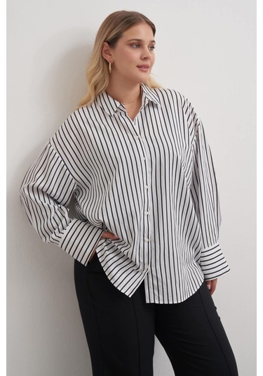 Parıltılı İplikli Çizgili Gömlek-3360 Beyaz