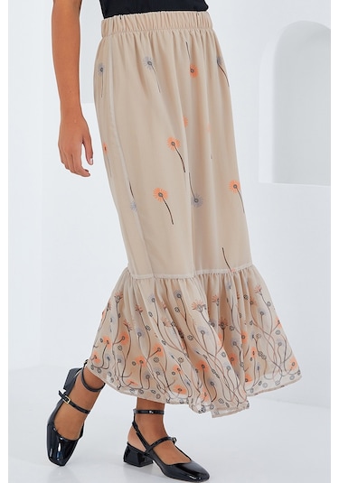 Kadın Krem Desenli Şifon Etek 8010 8010bgd19-033-14945 001