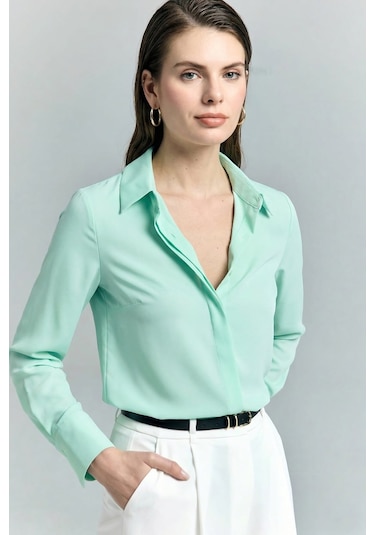 Sateen Klasik Düz Gömlek - Mint-128706