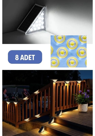 8 Adet Üçgen Güneş Enerjisi İle Şarj Olan Dış Mekan Solar Basamak Köşe Lambası Beyaz