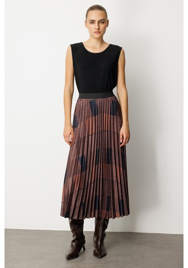 Ekol Kadın Desenli Piliseli Etek 2045 Kahverengi Kahverengi