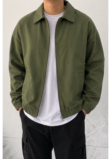 Tarz Cool Erkek Oversize Bomber Ceket Fermuarlı Basic Günlük Şık Mont Haki